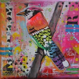 kleurrijk vogeltje mixed media janet edens