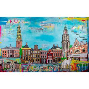 schilderij van de stad Groningen Martinitoren Stadhuis kleurrijk kunst aan de muur
