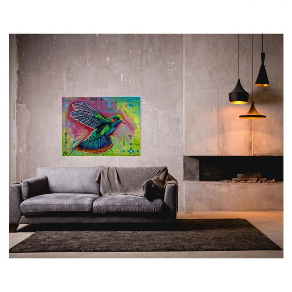 mixed media schilderij met kleurrijke vogel