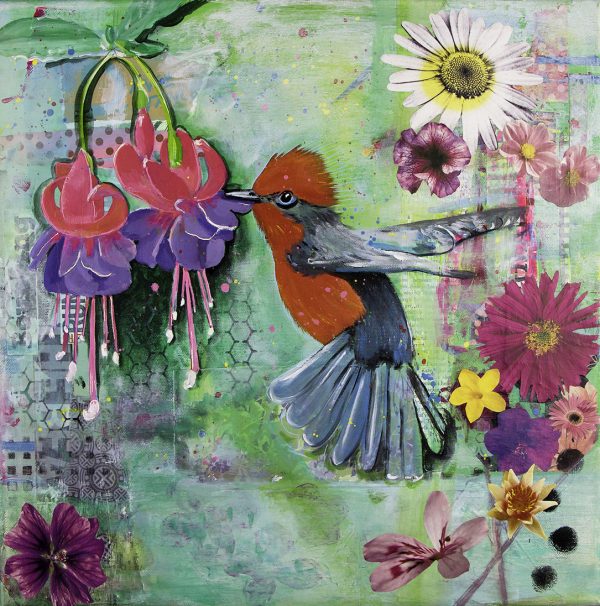 vogel schilderij kleurrijk en vrolijk Janet Edens