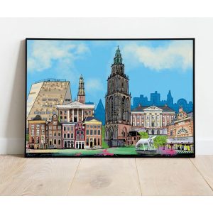 Gebouwen en iconen van de stad Groningen Martinitoren Groningen met blauwe lucht en wolken Peerd van Ome Loeks, het Forum, het Stadhuis, Groote Griet