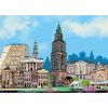 Mooie gebouwen en iconen uit de stad Groningen met blauwe lucht en wolken op poster B2 Peerd van Ome Loeks, Martinitoren, Stadhuis, Groote Griet