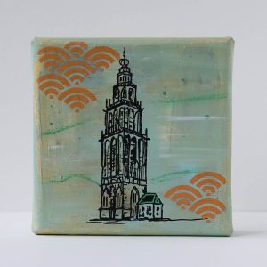 Martinitorentje Groningen canvas 10 x 10 schilderijtje shop Janet Edens