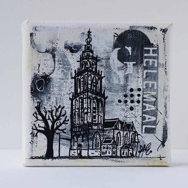 Martinitorentje Groningen canvas 10 x 10 schilderijtje shop Janet Edens