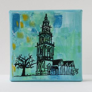 Martinitorentje Groningen canvas 10 x 10 schilderijtje shop Janet Edens