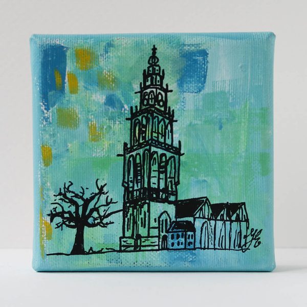 Martinitorentje Groningen canvas 10 x 10 schilderijtje shop Janet Edens