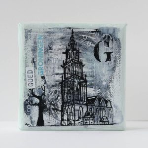 Martinitorentje Groningen canvas 10 x 10 schilderijtje shop Janet Edens