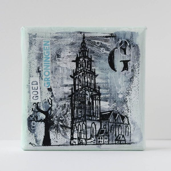Martinitorentje Groningen canvas 10 x 10 schilderijtje shop Janet Edens