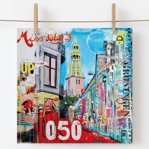 kunstkaart met de A- Kerk Groningen rood blauw kleurrijk schilderij