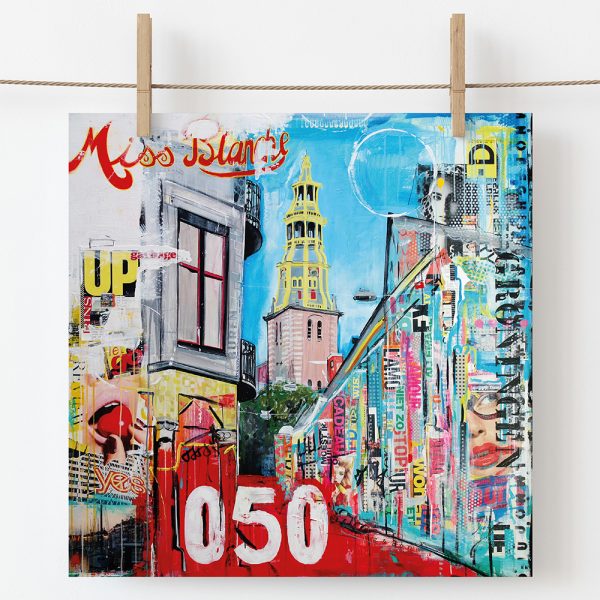 kunstkaart met de A- Kerk Groningen rood blauw kleurrijk schilderij