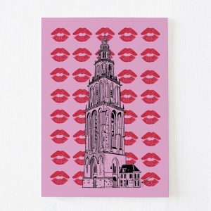 anischtkaart Martinitoren Groningen roze met kusafdrukken Janet Edens