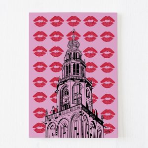 ansichtkaart Martinitoren Groningen roze kaart shop Janet Edens