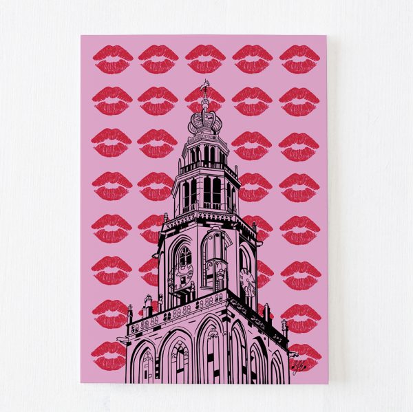 ansichtkaart Martinitoren Groningen roze kaart shop Janet Edens