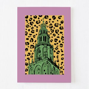 ansichtkaart met groene Martinitoren Groningen en panterprint roze oranje shop Janet Edens
