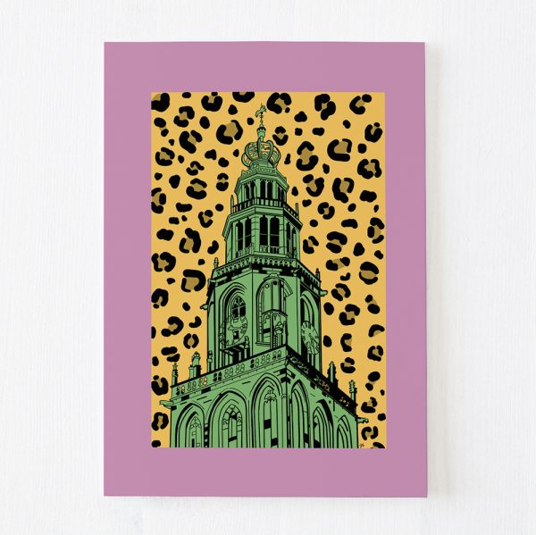 ansichtkaart met groene Martinitoren Groningen en panterprint roze oranje shop Janet Edens