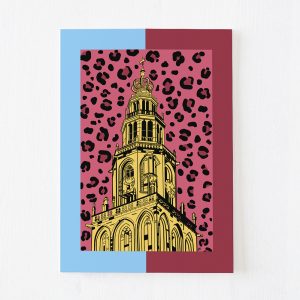 kleurrijke ansichtkaart met Martinitoren Groningen en panter print shop Janet Edens