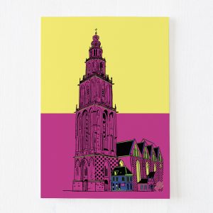 ansichtkaart Martinitoren Groningen met gele roze achtergrond shop Janet Edens