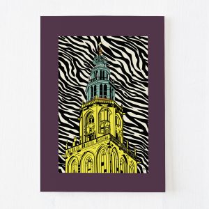 Ansichtkaart met gele Martinitoren Groningen shop Janet Edens