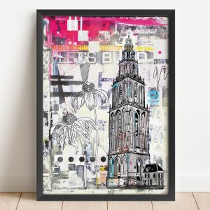 a4 poster roze zwart wit bloemen Martinitoren Groningen shop Janet Edens