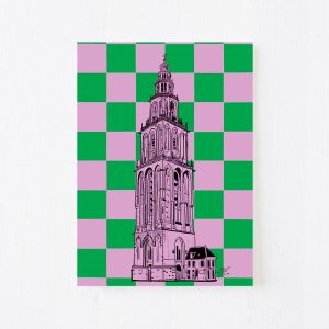 ansichtkaart met Martinitoren Groningen en groene paarse ruiten shop Janet Edens