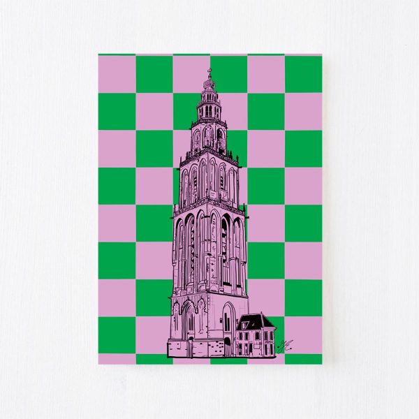 ansichtkaart met Martinitoren Groningen en groene paarse ruiten shop Janet Edens