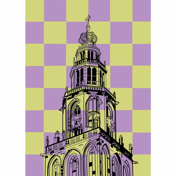 A4 formaat poster met Martinitoren Groningen gele paarse ruiten shop Janet Edens