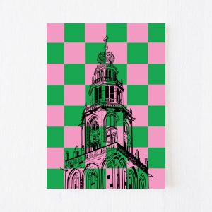 ansichtkaart Martinitoren Groningen roze groene ruiten shop Janet Edens