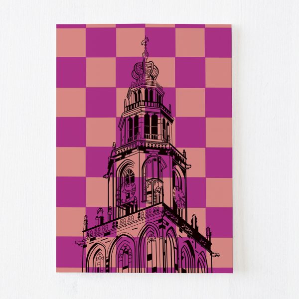Martinitoren Groningen met roze oranje ruiten shop Janet Edens