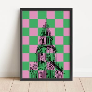 A4 formaat poster ingelijst Martinitoren Groningen met groene roze ruiten