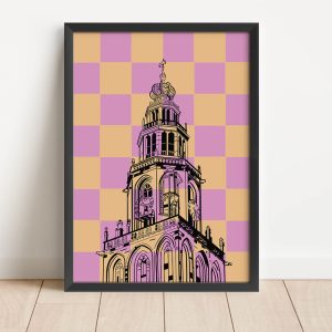 A4 poster met ruiten roze licht oranje Martinitoren Groningen shop Janet Edens