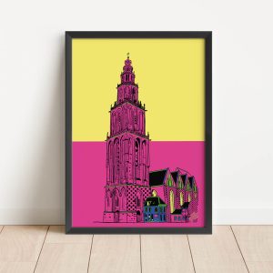 a4 formaat poster met Martinitoren Groningen geel roze shop Janet Edens