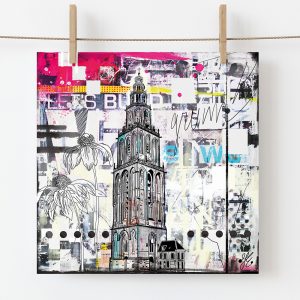 Kunstkaart Martinitoren Groningen in zwart wit tinten schilderij shop Janet Edens