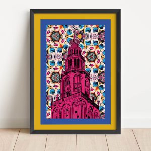 A4 poster roze Martinitoren Groningen bewerkt schilderij op de achtergrond shop Janet Edens