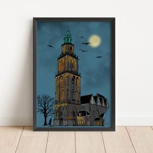 a4 poster van Martinitoren sterren maan vogels boom shop Janet Edens