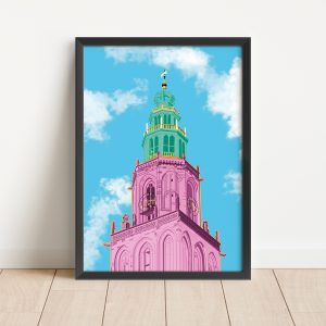 A4 formaat poster roze Martinitoren Groningen met blauwe lucht posters shop Janet Edens