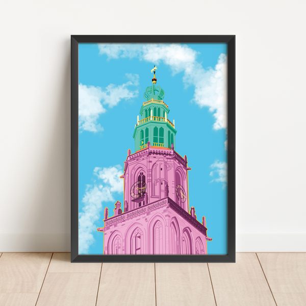 A4 formaat poster roze Martinitoren Groningen met blauwe lucht posters shop Janet Edens