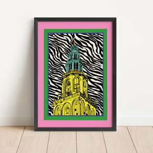 A4 formaat poster gele Martinitoren Groningen zebra print shop Janet Edens