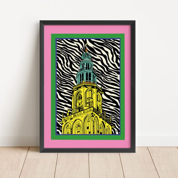 A4 formaat poster gele Martinitoren Groningen zebra print shop Janet Edens