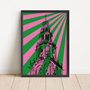 Martinitoren Groningen op poster A4 formaat roze groene strepen shop Janet Edens