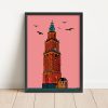 a4 poster Martinitoren Groningen oranje warme kleuren vogels shop Janet Eden