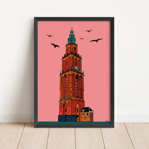 a4 poster Martinitoren Groningen oranje warme kleuren vogels shop Janet Eden