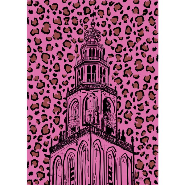 A4 formaat roze poster met Martinitoren Groningen shop Janet Edens