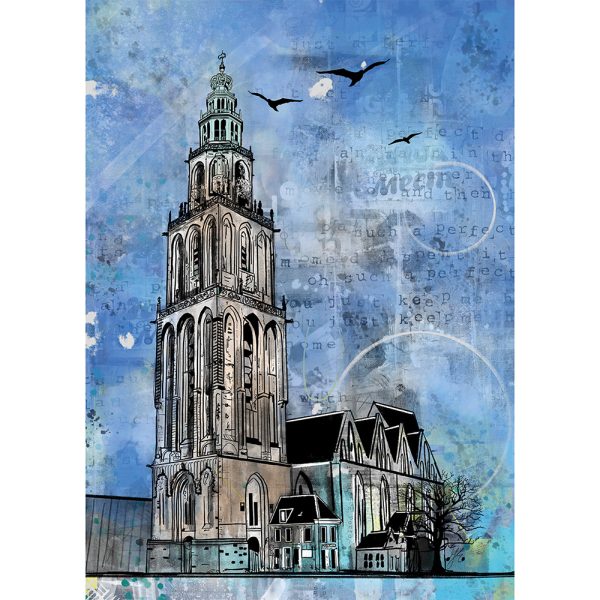 Martinitoren en Martinikerk Groningen met geschilderde blauwe achtergrond en vogels in de lucht