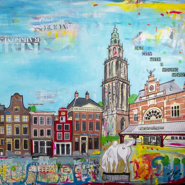 Grunn werk aan de muur www.janetedens.nl schilderij met Martinitoren Hoofdstation Groningen Groote Griet peerd van ome Loeks iconen stad Groningen